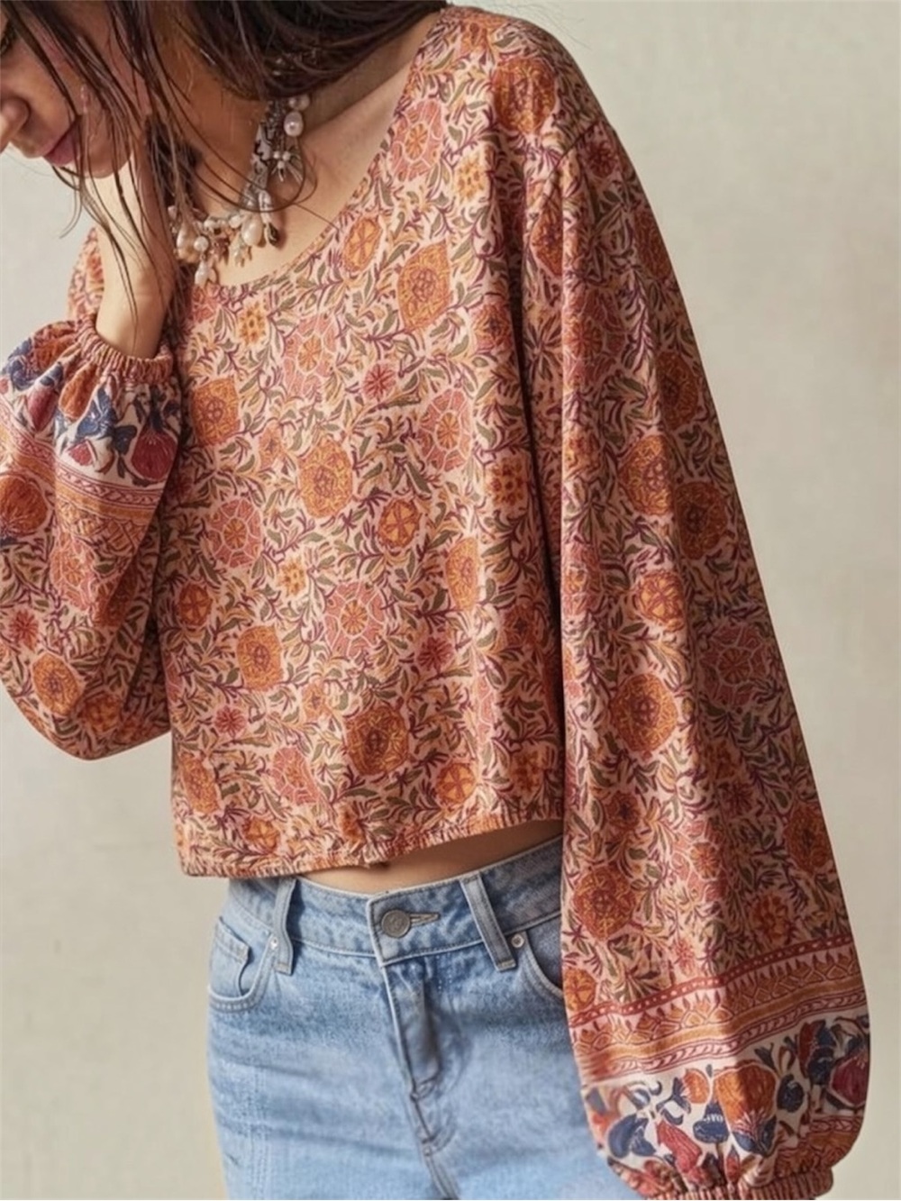Rachel Zoe Boho Balloon Sleeve Linen Rayon Abstract Floral Crop Top Festival
